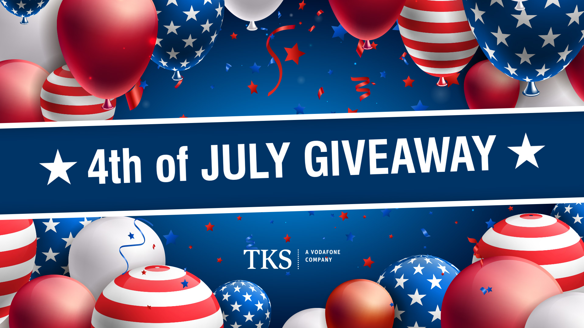 4th of July banner with red, white, and blue balloons