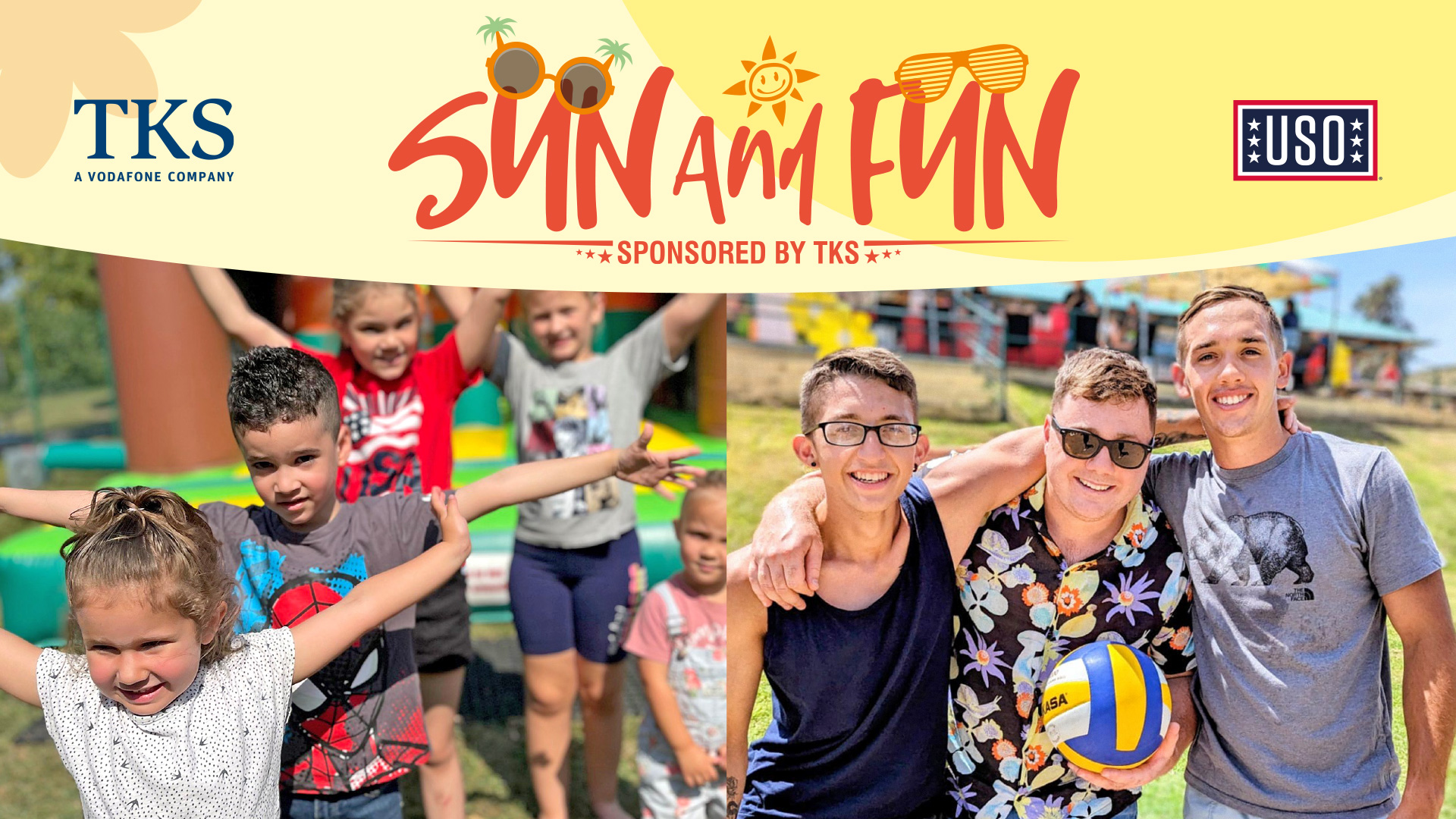 USO Sun& Fund Day envent banner showing childeren playing and communitay members having a good time